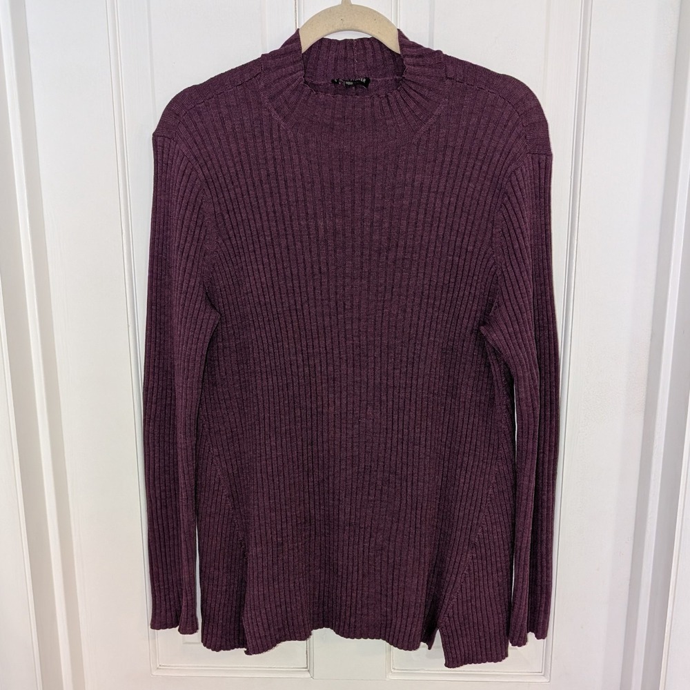 Eileen Fisher Womens Merino Wool Sweater LARGE‎ Mock Neck Ribbed Stretch Purple